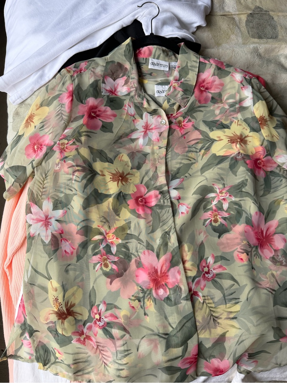 Apparenza Women’s 2 Piece Floral Blouse Set L Sheer Button Front & Sleeveless Sh